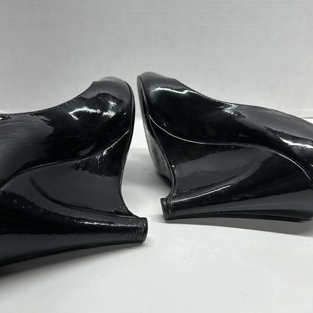 Fendi Wedges High Heel Shoes Shiny Patent Leather Peep Toe Black Size 38 US 8